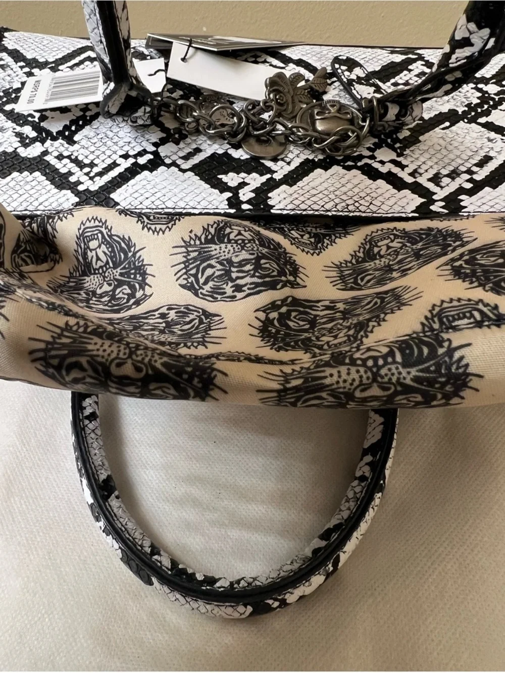 Ed Hardy Black & White Snake-Print Satchel with Charms